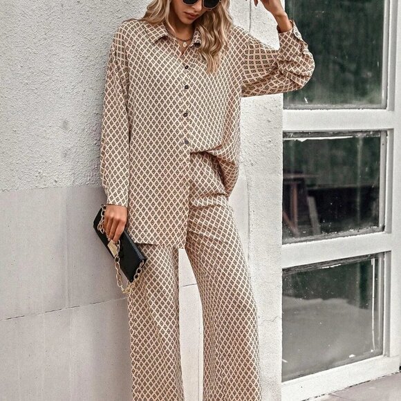 . Tops - Apricot Casual Womens Allover Print Drop Shoulder Shirt & Wide Leg Pants